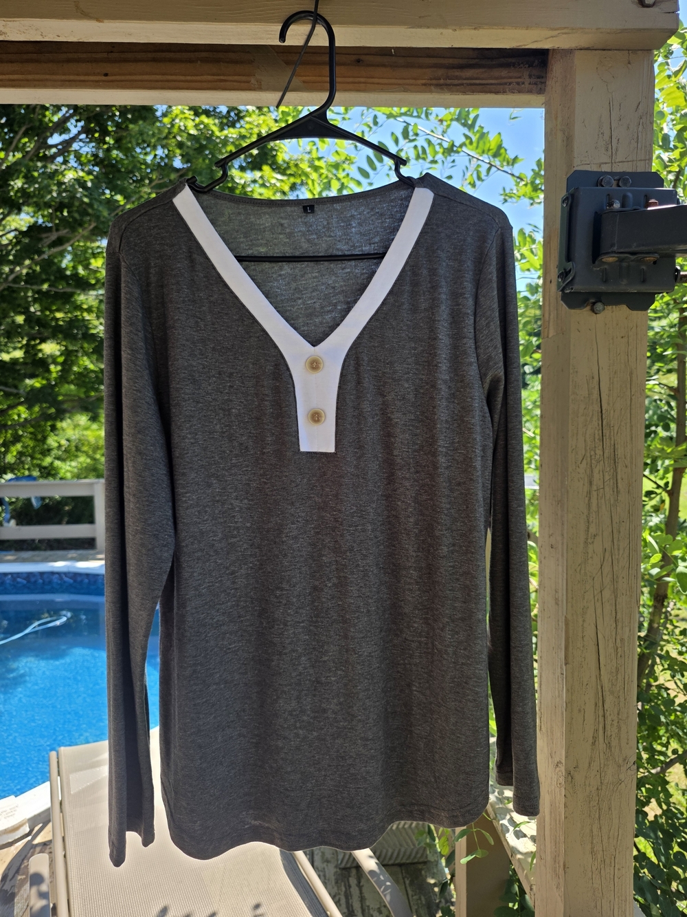 Generic Women's Long Sleeve Gray Top with White V-Neck Trim